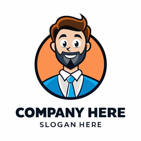 Cartoon man avatar with beard, suit, tie on circle background. Cheerfulのイラスト素材