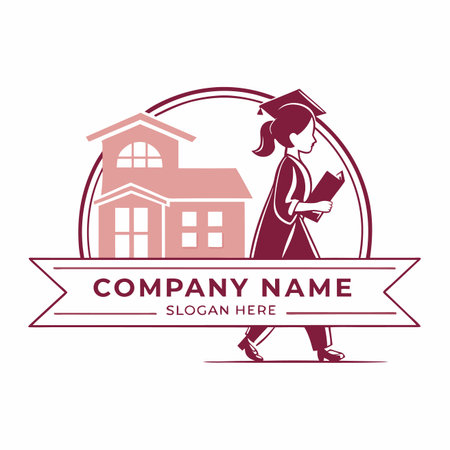 Graduate walking past school. Minimalist design in pink and burgundy tonesのイラスト素材