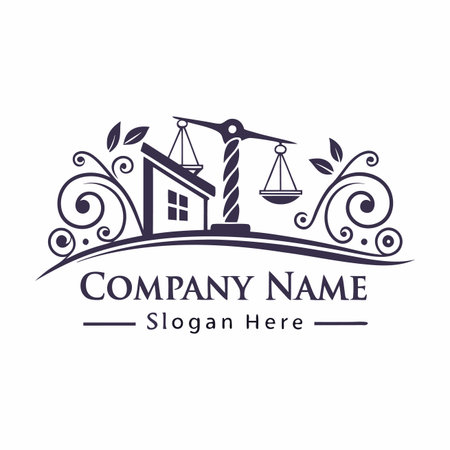 House &amp; scales emblem. Ornate flourishes. Symbolizes justice &amp; real estateのイラスト素材
