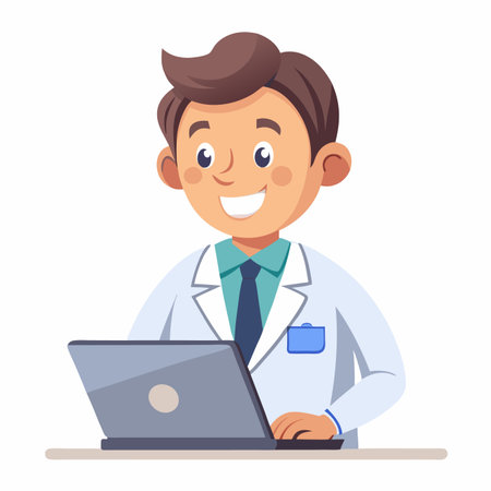 Smiling doctor works on a laptop. He wears a white coat with a blue tieのイラスト素材