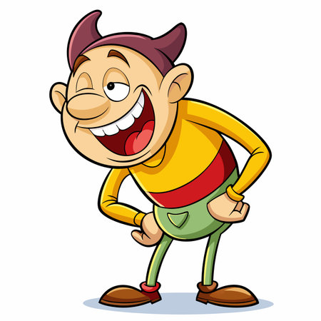 Smiling cartoon elf with red and yellow shirt, green pants, and brown shoes winkingのイラスト素材