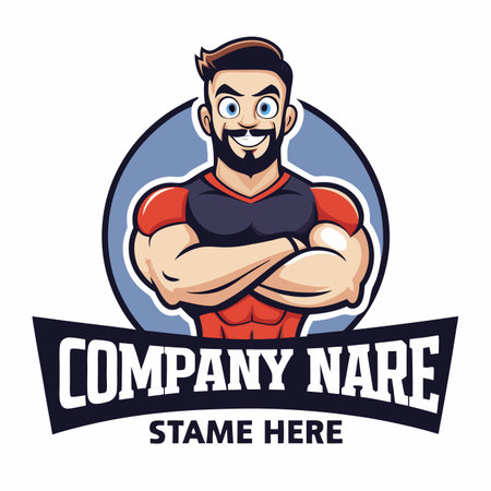 Cartoon strongman with crossed arms &amp; beard in a circle, muscularのイラスト素材