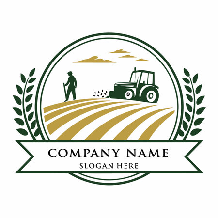 Farming Scene A farmer, tractor, and field under a cloudy sky, encircled by laurel leavesのイラスト素材