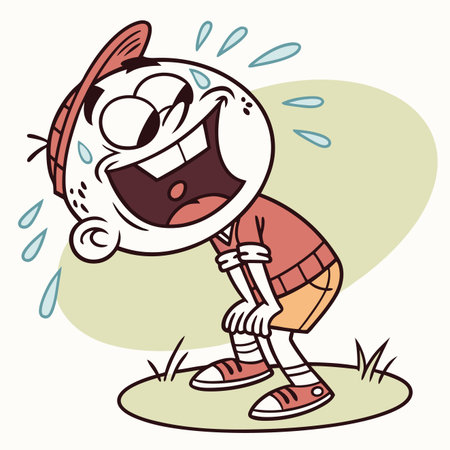 Sweaty cartoon boy grinning wide, wearing hat and casual clothing, bending over from exhaustionのイラスト素材