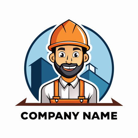 Happy worker wearing a hardhat against building silhouettes. Graphic iconのイラスト素材