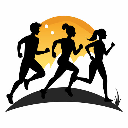 Runners silhouette against a golden sunrise backdropのイラスト素材