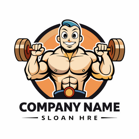 Cartoon bodybuilder lifting weights, set in orange circleのイラスト素材