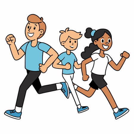 Cartoon family jogging. Diverse group exercising together, wearing casual sportswear with smilesのイラスト素材