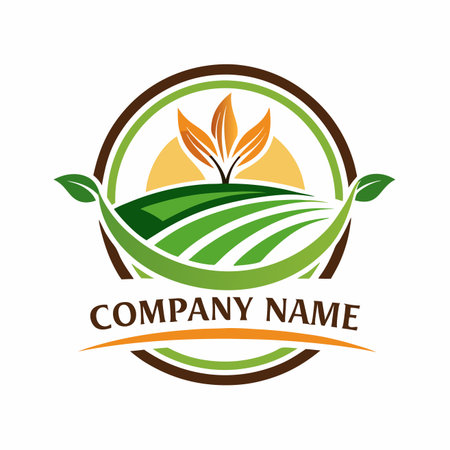 Fields logo. Green fields, leaves, and sun in circle. Organic farm brandingのイラスト素材