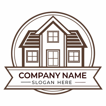 House icon Gable roof home with windows, framed in circle. Decorative banner underのイラスト素材