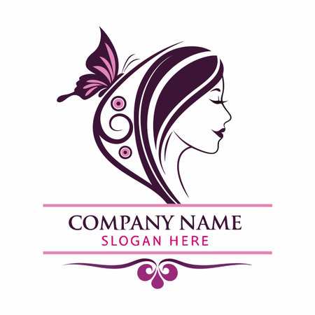 Stylized image of a woman's head with a butterfly, in shades of purple and pink. Elegant and decorativeのイラスト素材