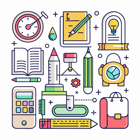 Study tools illustration. Stop watch, book, bulb, calculator, pencil, notebook, and more arranged wellのイラスト素材