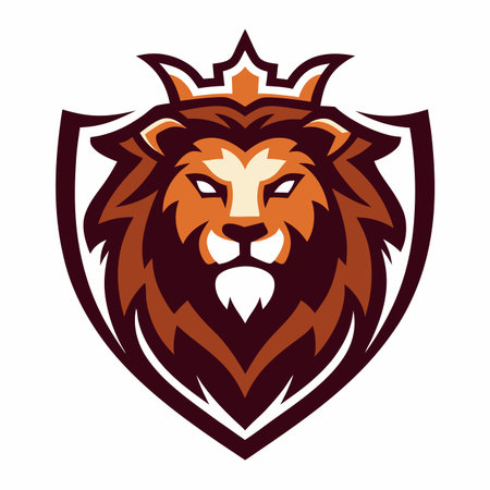 Lion head illustration, regal and fierce, with crown, inside of shield emblemのイラスト素材