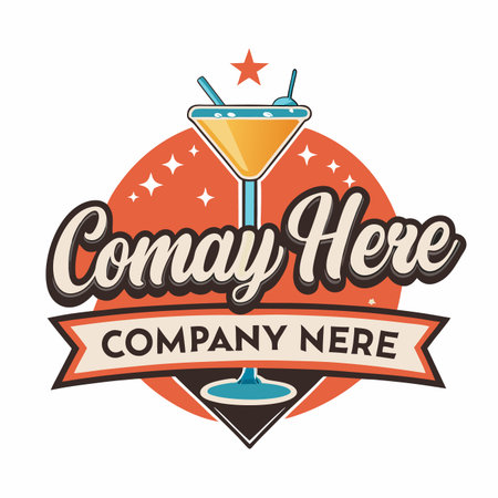 Retro cocktail design with star and banner, outlined on circular orange background with white accentsのイラスト素材
