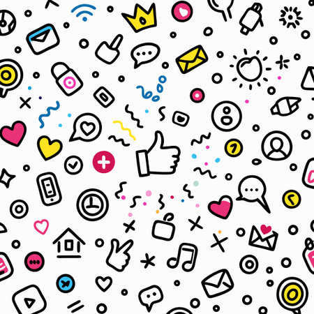 Doodle seamless pattern. Icons of social media symbols scattered on a white backgroundのイラスト素材