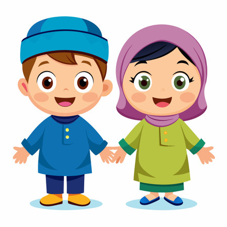 Two cartoon children, boy and girl, in traditional clothes, holding hands and smiling togetherのイラスト素材