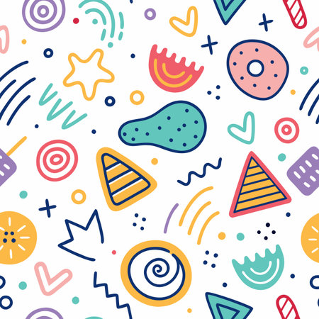 Whimsical pattern with abstract shapes and vibrant colors on a white backgroundのイラスト素材