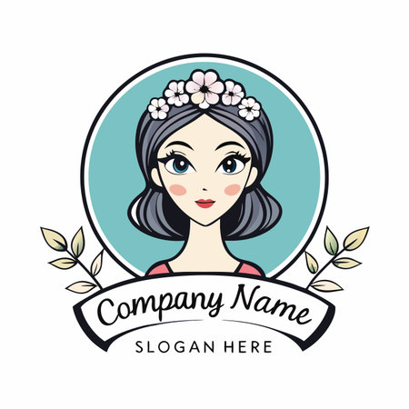 Cartoon of a girl with a flower crown inside a circle. Yellow leaves and a banner are at the bottomのイラスト素材