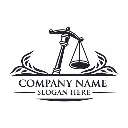 Scales of justice emblem, pillar and pans, bordered with flourishes, text areaのイラスト素材