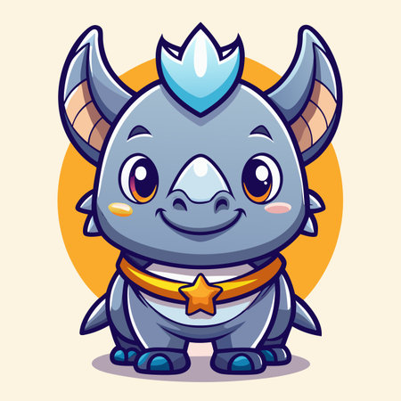 Cute rhino cartoon with big eyes and a star collar on a soft yellow backgroundのイラスト素材