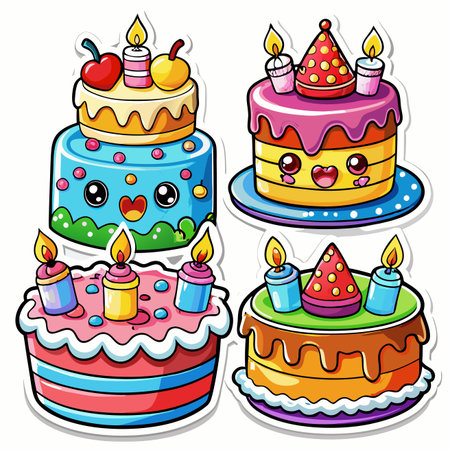 Kawaii-style birthday cakes with candles, cute faces, and colorful frostingのイラスト素材