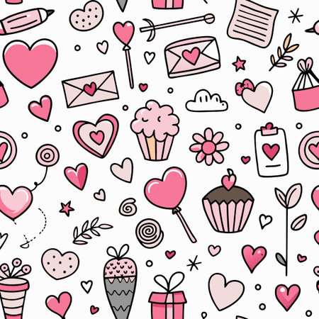 Doodle pattern hearts, letters, flowers, and sweets on whiteのイラスト素材