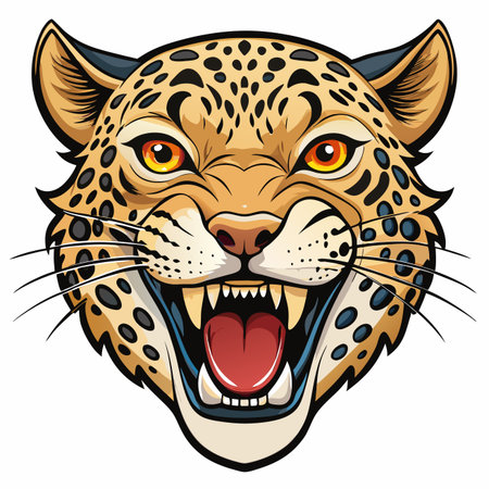 Angry jaguar head with detailed spots, teeth, and intense eyes, against a white backgroundのイラスト素材