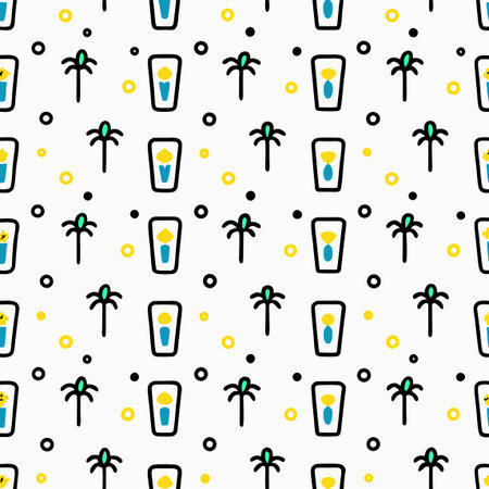 Tropical pattern with palms and drinks on a white background with colorful circles and dotsのイラスト素材