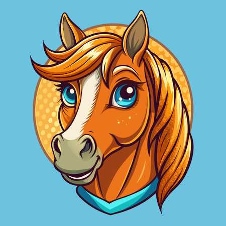 Horse portrait. Cute equine with orange coat, flowing mane, blue eyes, and circular, dotted backgroundのイラスト素材