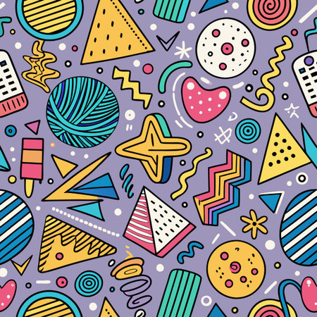 Playful seamless pattern with various colorful geometric shapes scattered on a light purple backgroundのイラスト素材