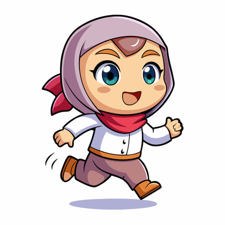 Cartoon of a person wearing a headscarf, running with a smile on a white backgroundのイラスト素材