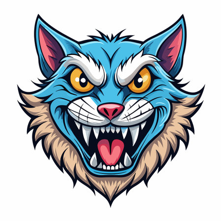 Blue cat snarling with yellow eyes, menacing grin, and sharp teeth against a white backdropのイラスト素材