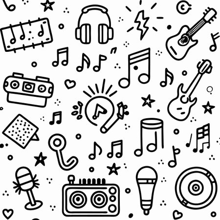 Music pattern with instruments and audio elements in black outline on a white backgroundのイラスト素材