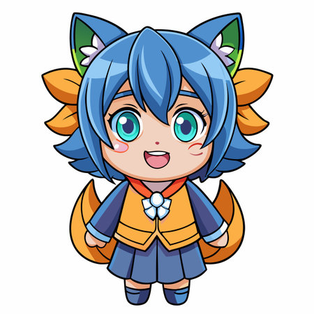 Adorable chibi character with blue hair, wearing floral accessories and an orange vestのイラスト素材