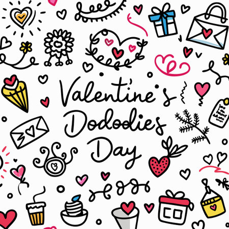 Valentine&#39;s Day doodles with hearts, gifts, and love themed icons on a white backgroundのイラスト素材