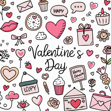 Valentine&#39;s Day doodles hearts, gifts, sweets, and love letter elements in a cute, hand-drawn styleのイラスト素材
