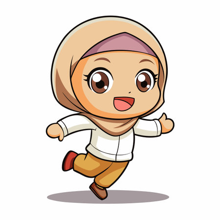 Cartoon illustration happy girl wearing hijab, jumping, smilingのイラスト素材