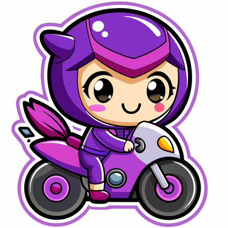 Cute cartoon girl riding a purple motorcycle, big eyes, happy expression, helmetのイラスト素材