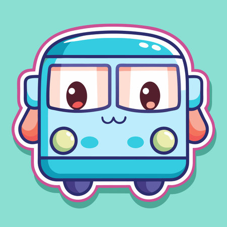 Cute, cartoon bus with big eyes and a small smile on a green backgroundのイラスト素材