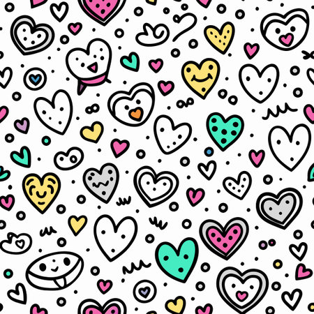 Hearts pattern. Doodle art, cheerful hearts on white. Fun, happy, love, and romantic feelingsのイラスト素材