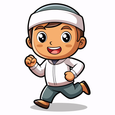 Cartoon boy running with a white kufi and cheerful expressionのイラスト素材