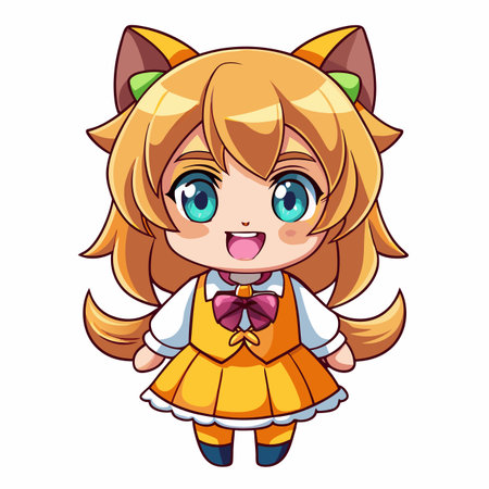 Cartoon girl with cat ears, orange hair, and school uniform. Cute characterのイラスト素材