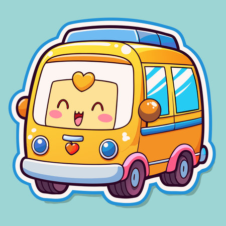 Cute cartoon yellow bus with heart details, smiling and happyのイラスト素材