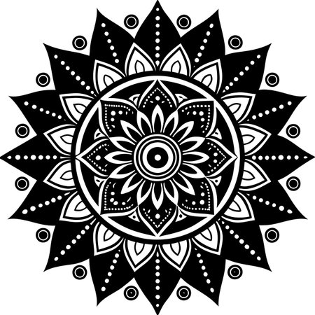 Intricate circular design with symmetrical floral motifs in black and whiteのイラスト素材