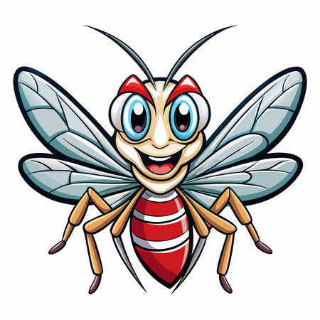 Cartoon insect illustration, smiling with striped body, transparent wings, and cute antennaeのイラスト素材