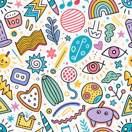 Colorful seamless pattern with whimsical, hand-drawn doodles on a white backgroundのイラスト素材