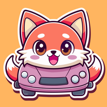 Cartoon fox rides a small pink car, smiling with big eyesのイラスト素材