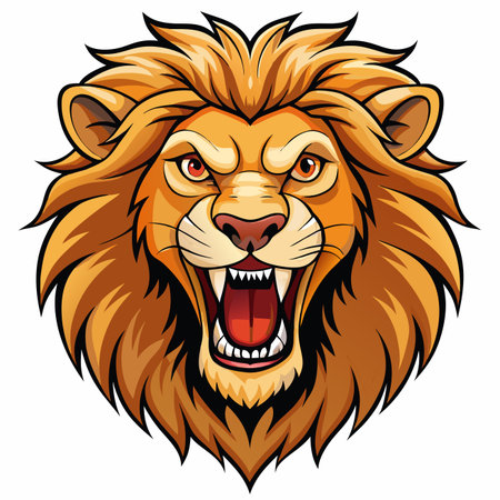 Cartoon lion head with open mouth, orange mane, and fierce expressionのイラスト素材