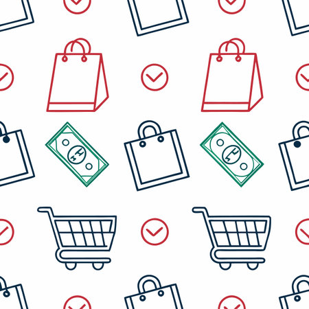 Shopping icons bag, cart, money, checkmark, outlines, patternのイラスト素材