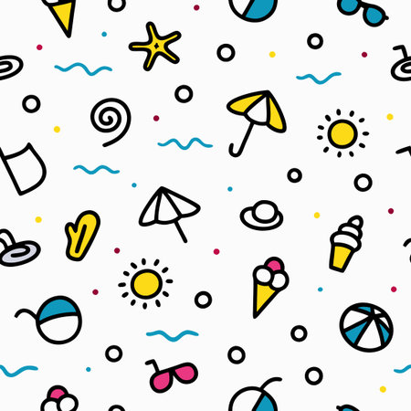 Beach themed icons pattern. Summer fun with waves, ice cream, and sunshine on white backdropのイラスト素材